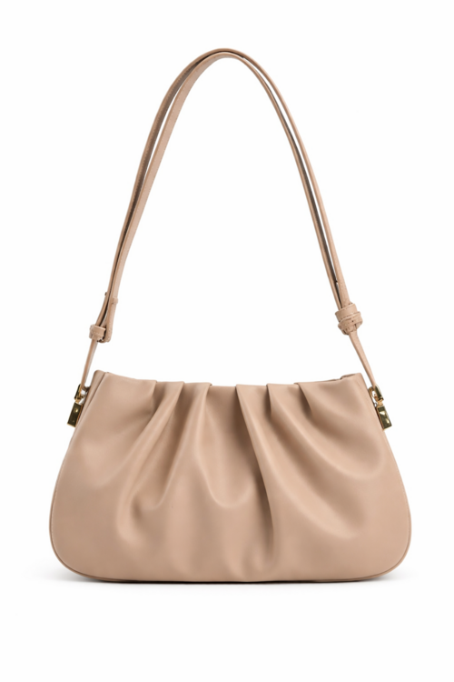 Beige Pleated Faux Leather Shoulder Bag